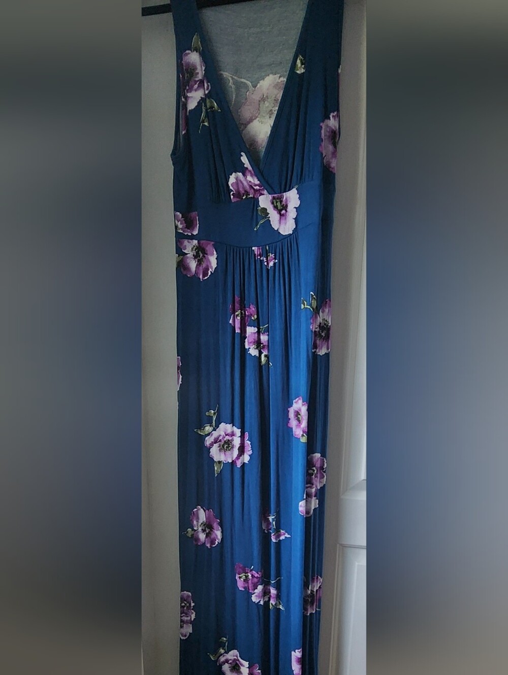 Loveappella Deep Blue Maxi Skirt with Purple Floral Print